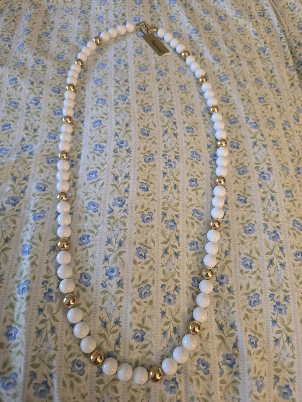Napier Signed White Beaded Necklace with Gold Accent Beads
